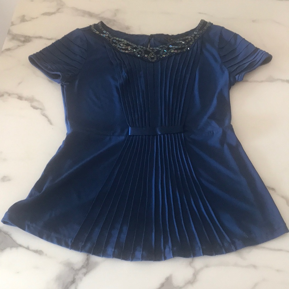 BCBGMaxAzria Blue Beaded/Pleated Short Sleeve Top